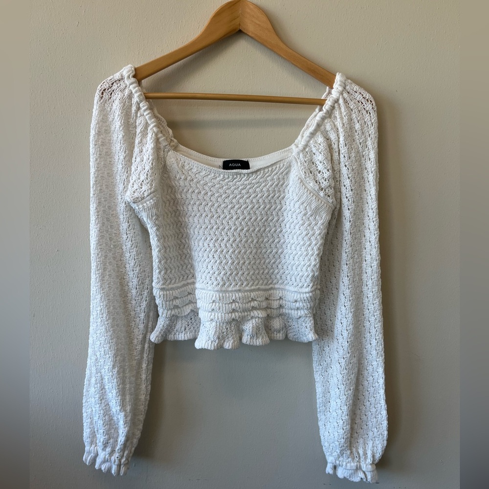 Aqua crochet knit long sleeve semi cropped top